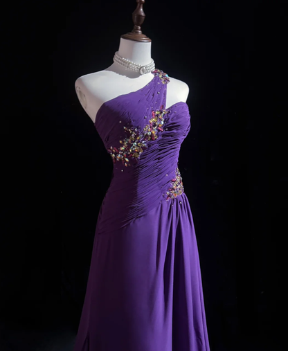 Classy One Shoulder Chiffon Pleated Beaded Mermaid Long Evening Dress Party Gown,Purple Formal Wedding Guest Dress D2060