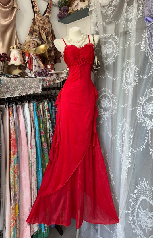 Classy Spaghetti Straps Red Tulle Chiffon Mermaid Evening Dress Long Party Dress D1658