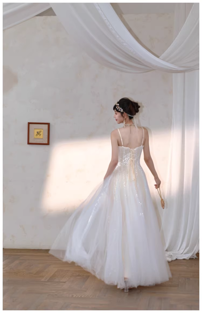 Classy Light Apricot Spaghetti Straps Tulle Sequin A Line Long Party Dress Evening Dress D2409
