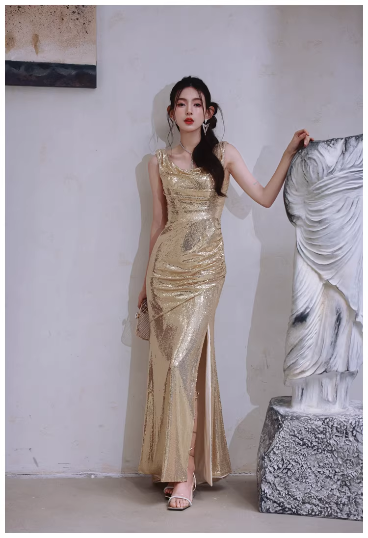 Fashion Gold Sleeveless Sequin Slit Mermaid Long Evening Dress Formal Wedding Guest Dress D2437