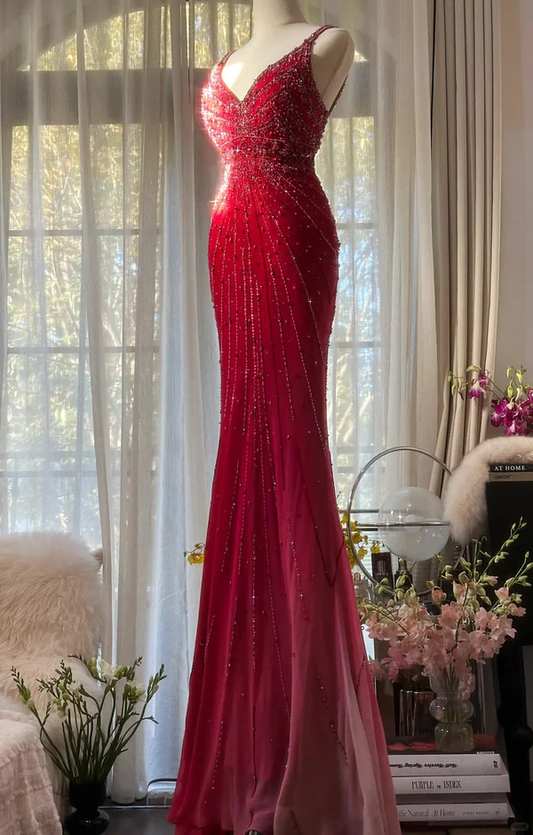 Gorgeous Spaghetti Straps Red Chiffon Beaded Mermaid Long Party Dress Evening Gown D1571