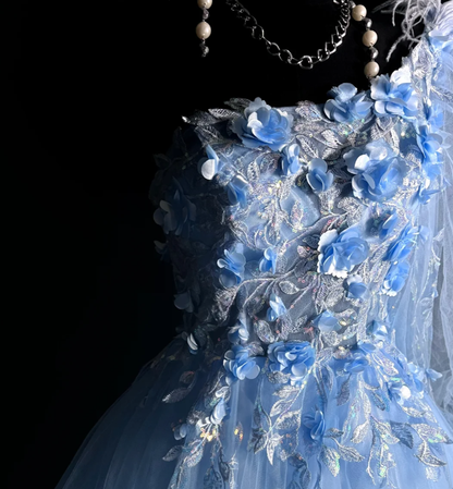 Pretty One Shoulder Blue Tulle Appliques Long Party Dress Formal Evening Dresses D1828