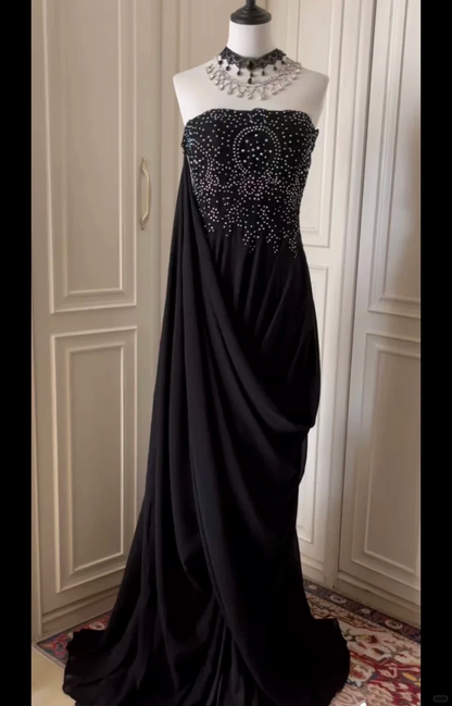 Stylish Black Strapless Chiffon Beaded Long Wedding Guest Dress,Formal Prom Dress Party Dress D3101