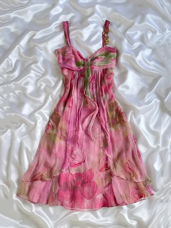 Pretty Pink Chiffon Printed Floral Short Graduation Homecoming Dress Formal 19th Birthday Outfits D712
