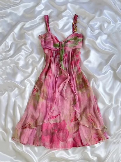 Pretty Pink Chiffon Printed Floral Short Graduation Homecoming Dress Formal 19th Birthday Outfits D712