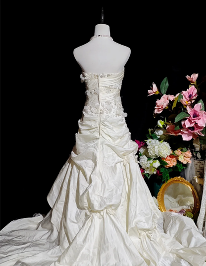 Pretty Ivory Strapless Satin Pleated Appliques Mermaid Party Dress Long Birthday Evening Gown D2363