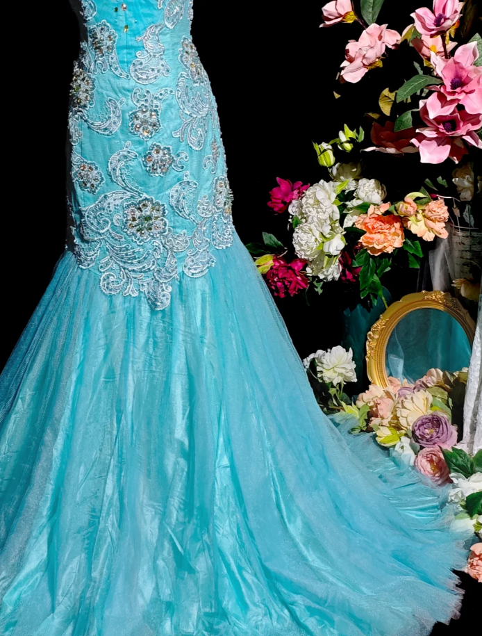 Charming Strapless Blue Tulle Appliques Beaded Mermaid Party Dress Long Birthday Evening Gown D2373