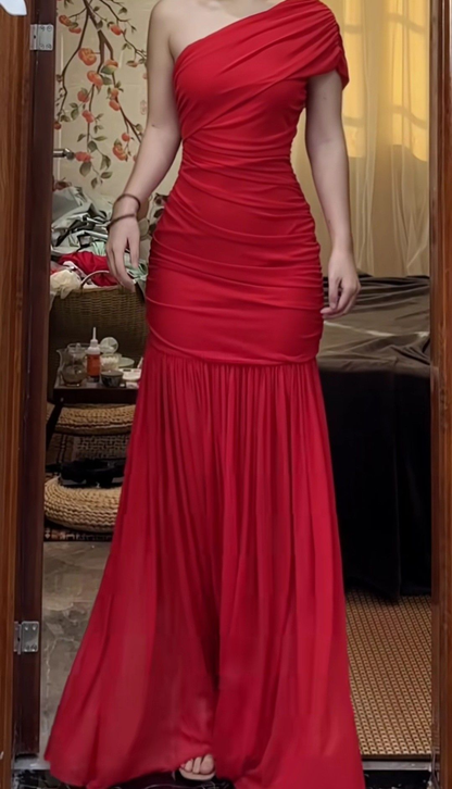 Elegant One Shoulder Red Chiffon Pleated Mermaid Prom Dress Long evening Gown  D1237