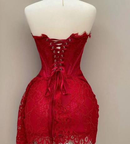 Sexy Red Lace Strapless Sheath Short Cocktail Dress Formal Graduation Homecoming Dress S900