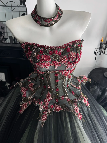Vintage Black And Green Tulle Appliques Beaded Long Quinceanera Dress Strapless Sweet 15 Dress D4716