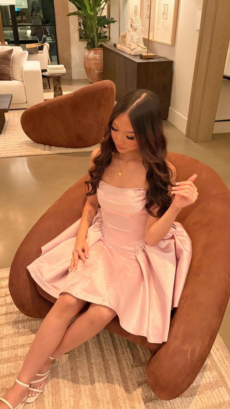 Cute Pink Strapless Satin Short 17th Birthday Outfits ,Formal Graduation Homecoming Dress D3753