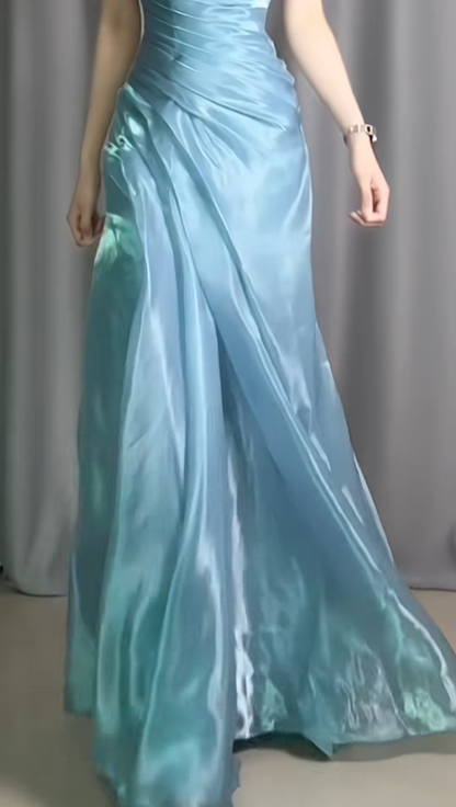 Glamorous Strapless Blue Organza Pleated Mermaid Long Prom Dress Birthday Evening Dresses D2485
