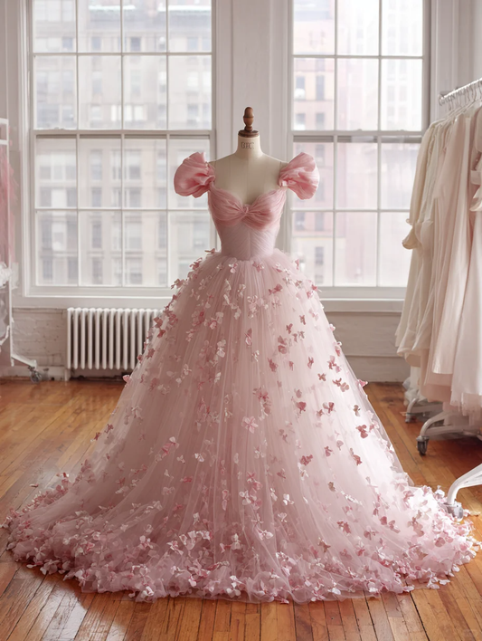 Fairy Ball Gown Pink Tulle Petals Long Evening Dress Prom Dress D2477