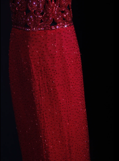Pretty Red Halter Chiffon Beaded Sheath Long Prom Dress Birthday Evening Dress D2256