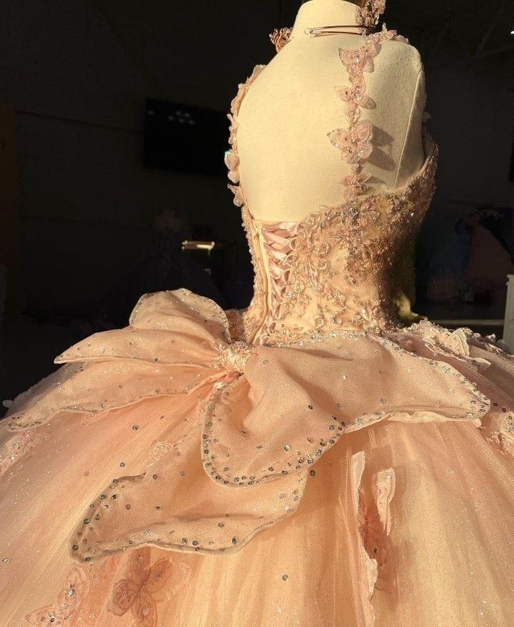 Glamorous Pink Tulle Sequin Beaded Appliques Quinceanera Dress Sweet 16 Dress With Bow D990