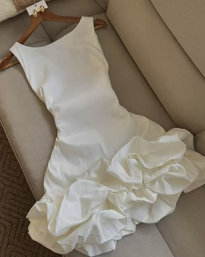 Simple Strapless White Satin Pleated Short Vacation Dress Formal Birthday Outfits D272