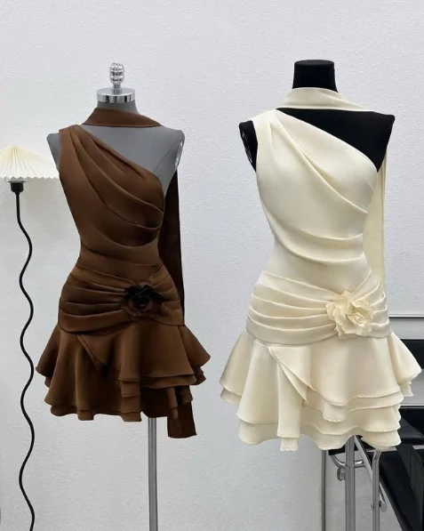 Beautiful One Shoulder Satin Pleated A Line Homecoming Dress S230