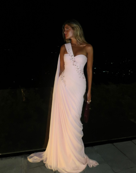 Pretty One Shoulder Pink Chiffon Beaded Prom Gown Long Wedding Guest Dress D1038