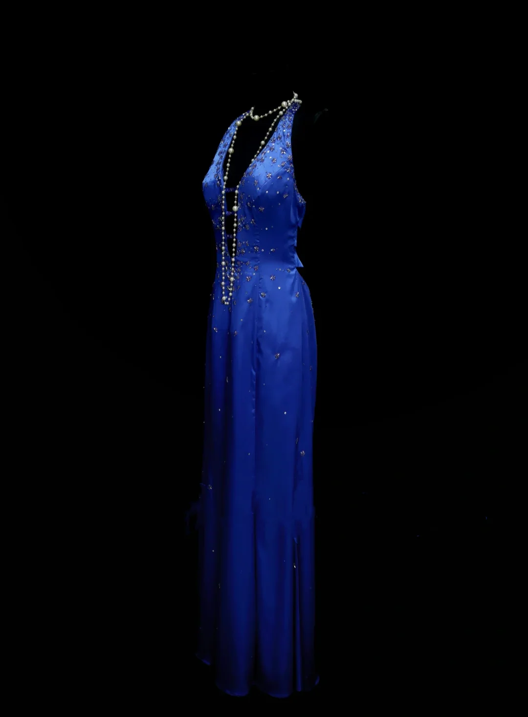 Sexy Halter Royal Blue Satin Beaded Long Evening Dresses Long Mermaid Party Dress D4512