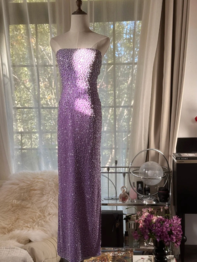 Glamorous Strapless Purple Chiffon Beaded Sheath Slit Prom Dress Long Party Gown D2297