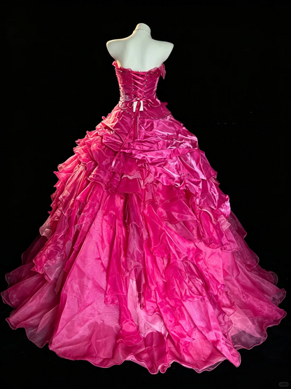 Chic Strapless Ball Gown Hot Pink Satin Tulle Ruffle Sequin Birthday Quinceanera Dress D5286