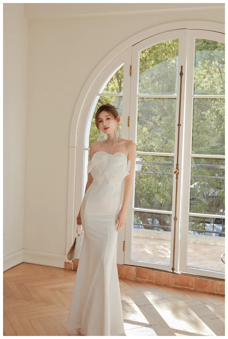 Classy White Strapless Bow Satin Mermaid Long Wedding Guest Dress Formal Evening Dress Prom Gown D2446