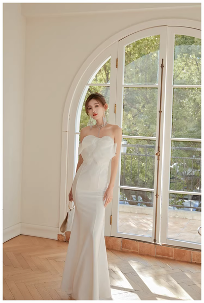 Classy White Strapless Bow Satin Mermaid Long Wedding Guest Dress Formal Evening Dress Prom Gown D2446