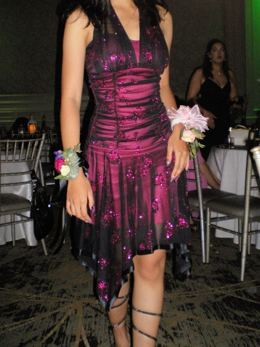 Sparkly Halter Hot Pink Satin tulle Sequin Short Prom Dress Formal Graduation Homecoming Dress D721