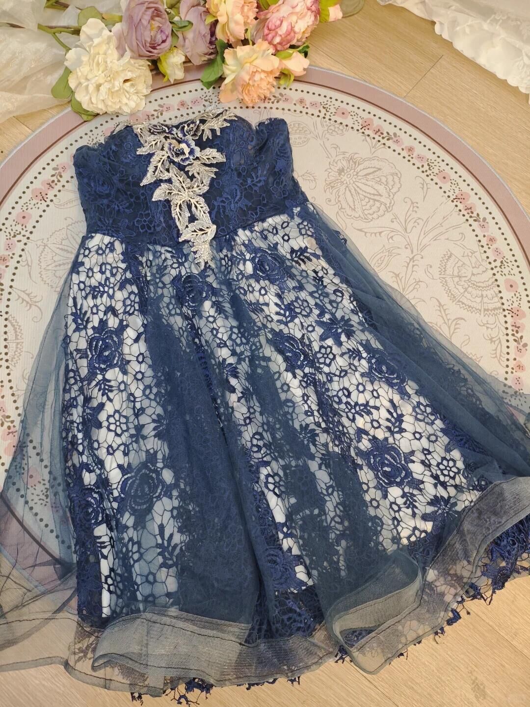 Retro Sweetheart Neck Lace Embroidery Appliques Short Birthday Outfits,Navy Blue Homecoming Dress D3161