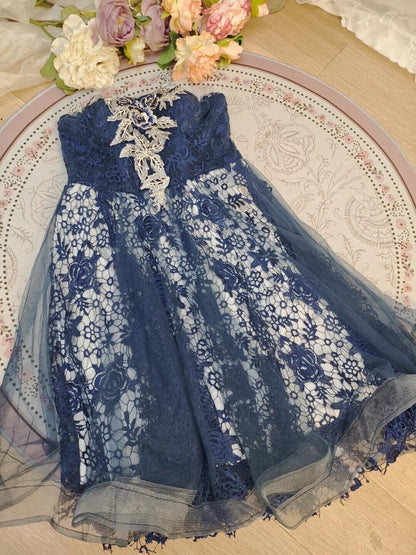 Retro Sweetheart Neck Lace Embroidery Appliques Short Birthday Outfits,Navy Blue Homecoming Dress D3161