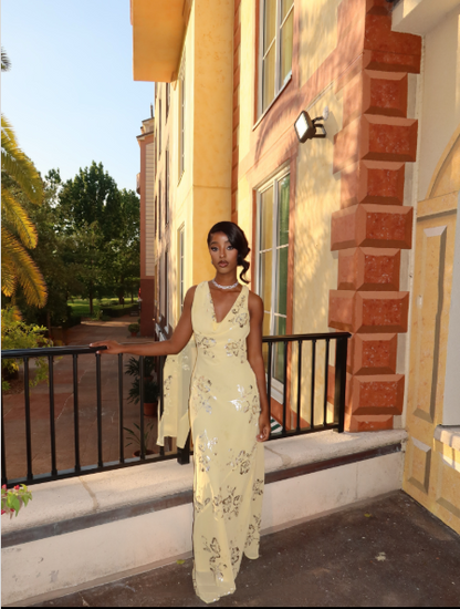 Pretty Yellow Chiffon Long Evening Dress Backless Birthday Party Dress D4962
