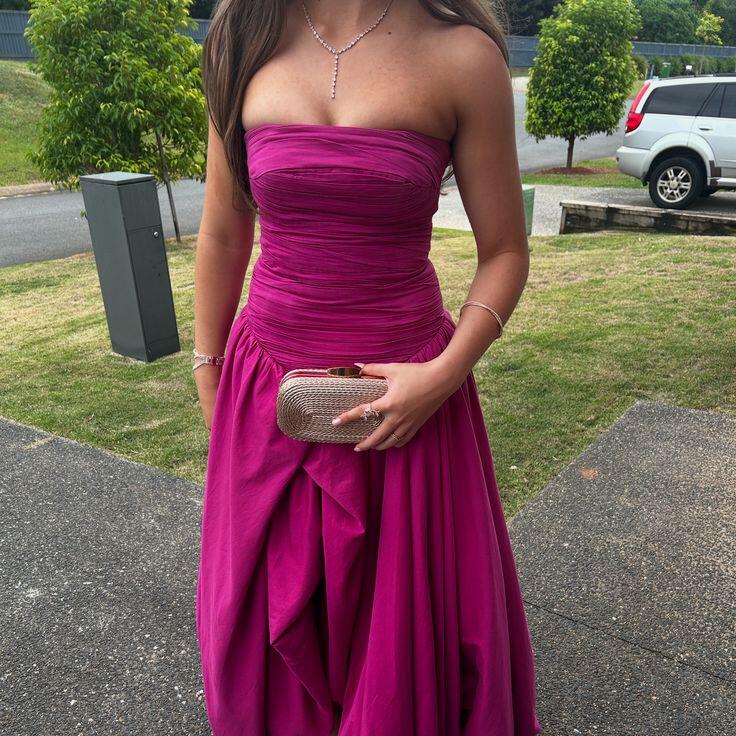 Pretty Strapless Hot Pink Satin Pleated Long Prom Dress Party Gown D3448