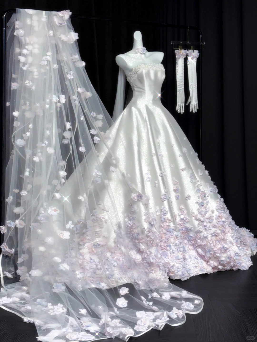Glamorous White Strapless Satin Beaded Floral Long Wedding Dress Bridal Dress D3080