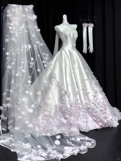 Glamorous White Strapless Satin Beaded Floral Long Wedding Dress Bridal Dress D3080