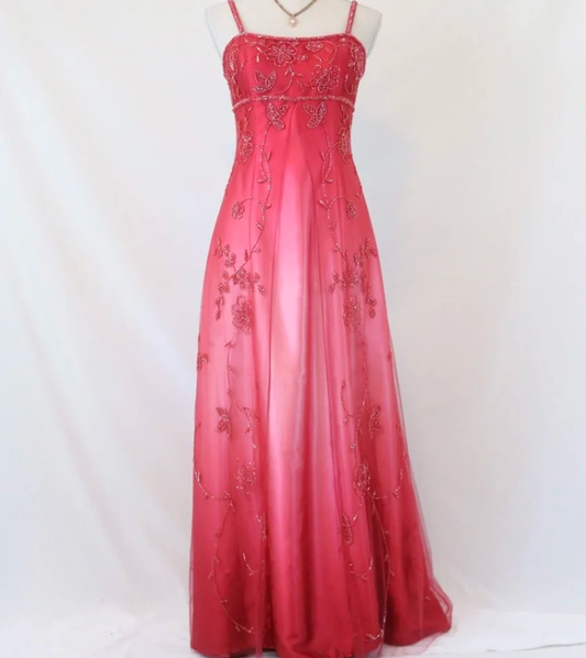 Elegant Spaghetti Straps Ombre Pink Satin Beaded Long Party Dress Formal Evening Dress D1535