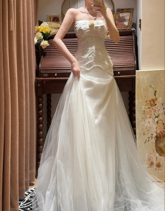 Classy Strapless White Satin Beaded Tulle Mermaid Long Evening Dress Formal Birthday Party Gowns D2047