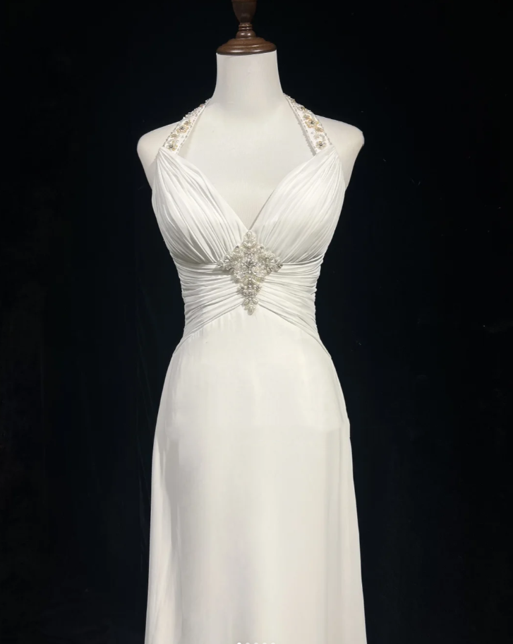 Charming White Halter Chiffon Beaded Long Wedding Guest Dress Formal Birthday Prom Dress Evening Dress D2064