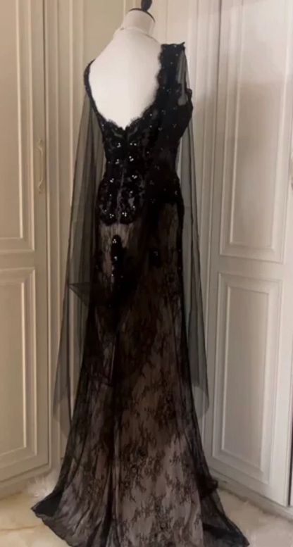 Elegant Black Lace Appliques Beaded Mermaid Evening Dress Long Birthday Prom Gown D3103