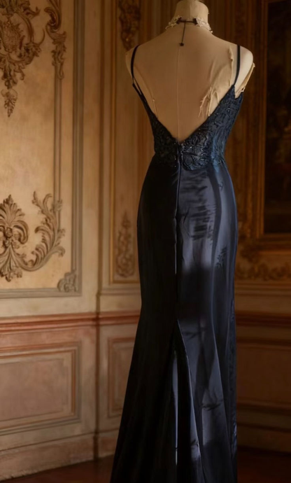 Vintage Spaghetti Strap Navy Blue Satin Appliques Mermaid Long Wedding Guest Dress Birthday Evening Dress D1979