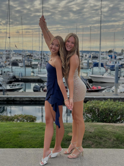 Classy Navy Blue Strapless Satin Short Homecoming Dress,Backless Short Party Gown D3395