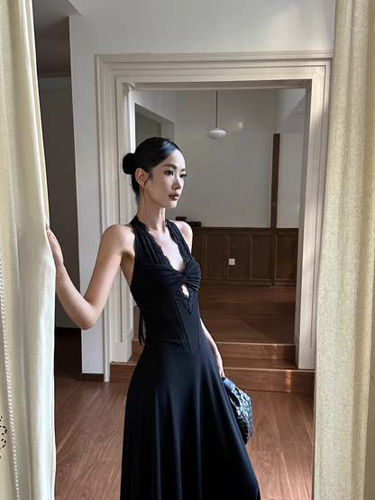 Sexy Black Halter Satin A Line Long Birthday Party Dress Evening Dress Formal Wedding Guest Dress D2079