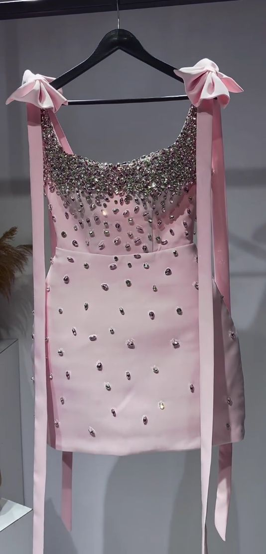 Stylish Pink Bow Straps Sheath Satin Beaded Cocktail Dress Formal Short 8th Grade Homecoming Dress D081