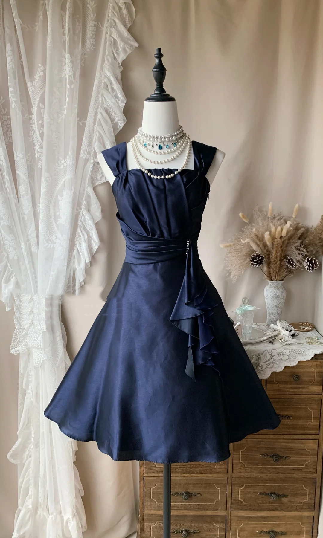 Vintage Navy Blue Satin Pleated Short 7th Grade Homecoming Dress Cocktail Dress D3177