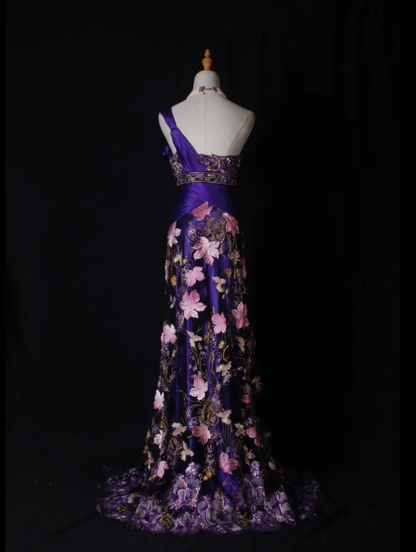 Charming Purple One Shoulder Satin Pleated Beaded Mermaid Prom Dress Evening Gown With Embroidery Appliques D2277