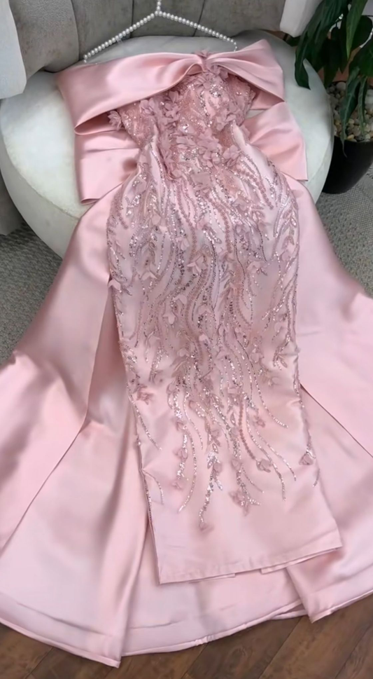 Classy Bow Off The Shoulder Pink Satin Beaded Appliques Long Party Dress Evening Gown D1205