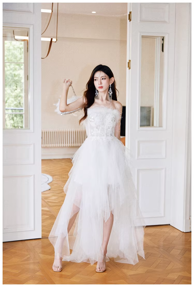 Classy White Feathers Strapless Embroidered Tulle Sequin Appliques Long Birthday Prom Dress Evening Gown D2403