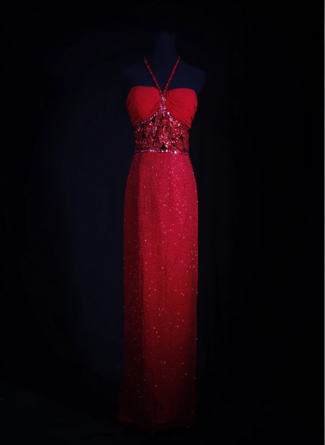 Pretty Red Halter Chiffon Beaded Sheath Long Prom Dress Birthday Evening Dress D2256