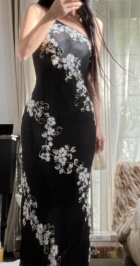 Classy One Shoulder Black Chiffon Beaded Mermaid Long Party Dress Evening Gown D2304