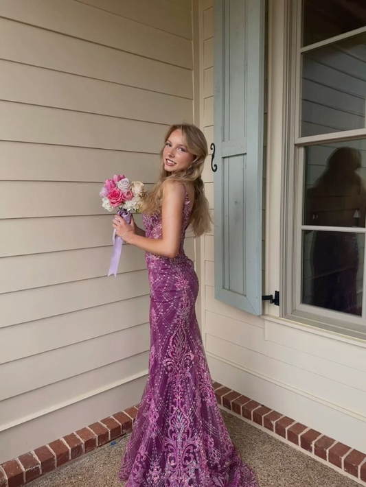 Vintage Spaghetti Straps Purple Tulle Lace Beaded Mermaid Long Wedding Guest Dress Birthday Party Dress D1815