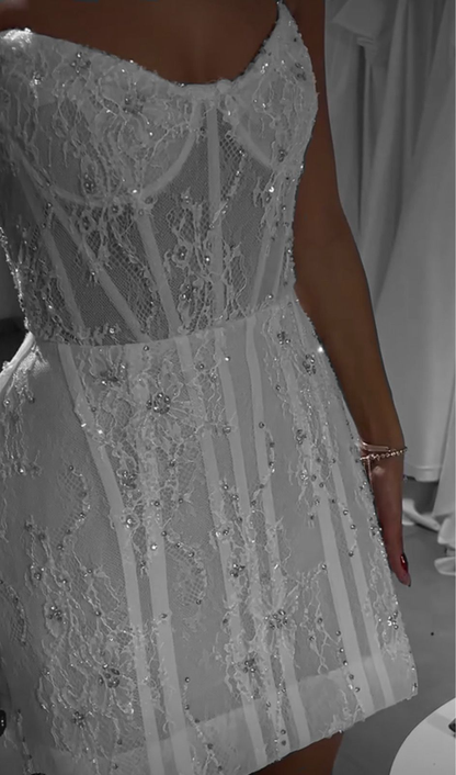 Classy Strapless White Lace Beaded Short Homecoming Dress 20th Birthday Outfits D666